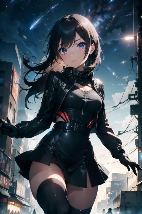 Beautiful girl wearing a top with small jacket, and one leg dress, short skirt & detailed, elegant cyberpunk tatical suit, leather gloves in action cinematic movement, sharp focus, cinematic illumination, (masterpiece), best quality, expressive galaxy brig...