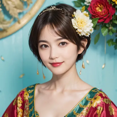 148
(20 year old woman,Floral costume), (surreal), (High resolution), ((beautiful hairstyle 46)), ((short hair:1.46)), (gentle smile), (breasted:1.1), (lipstick)