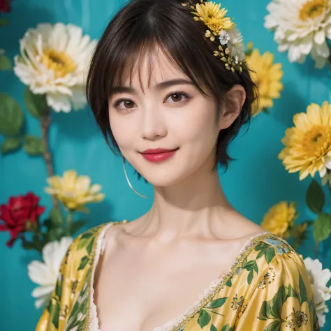 148
(20 year old woman,Floral costume), (surreal), (High resolution), ((beautiful hairstyle 46)), ((short hair:1.46)), (gentle smile), (breasted:1.1), (lipstick)
