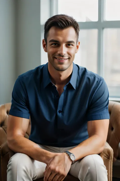 A professional photographic image of A handsome business man sitting comfortably in the office armchair, wearing a casual shirt, looking directly at the camera, highlighting his expressive face and his elegance, highly detailed, elegant, pinterest, artstat...