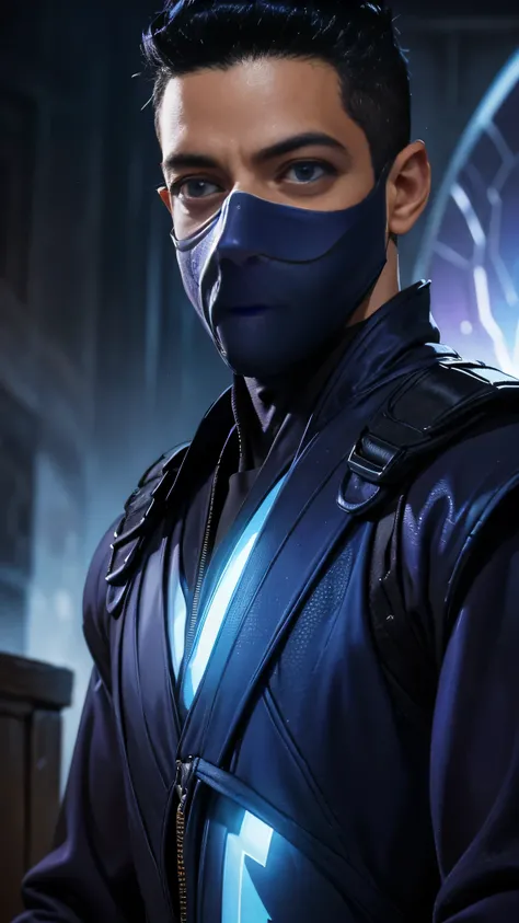 ((Rami Malek)) as Rain from Mortal Kombat, (1boy), wears a (purple ninja outfit), attire is adorned with intricate designs, (ninja mask covered his lower face), ((eyes glow with a radiant light blue hue)), thunder on background, intricate, high detail, sha...