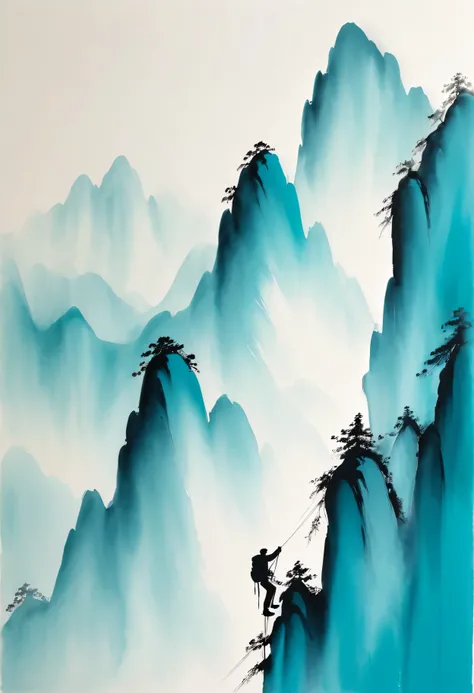 Chinese ink painting, climbing mountain,Cyan and white, minimum, Wire, White background