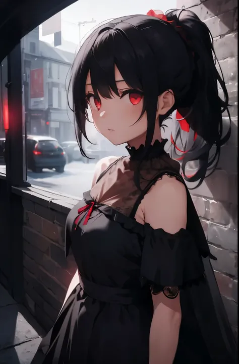 1girl, solo, black hair, red eyes, glowing eyes, ponytail, sidelocks, medium breast, expressionless, Veil, Hair, Black Dress, Off-Shoulder Dress, Long Sleeges, Long Dress, Sideslit, (Gothic), dark ambience, night, dark room, looking at viewer