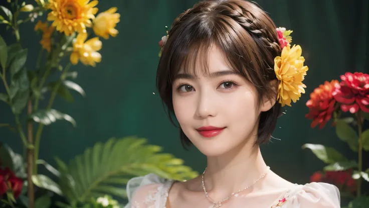 148
(20 year old woman,Floral costume), (surreal), (High resolution), ((beautiful hairstyle 46)), ((short hair:1.46)), (gentle smile), (breasted:1.1), (lipstick)