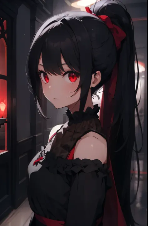 1girl, solo, black hair, red eyes, glowing eyes, ponytail, sidelocks, medium breast, expressionless, Veil, Hair, Black Dress, Off-Shoulder Dress, Long Sleeges, Long Dress, Sideslit, (Gothic), dark ambience, night, dark room, looking at viewer