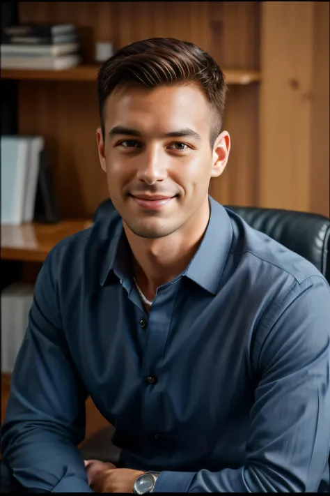 A professional photographic image of A handsome business man sitting comfortably in the office armchair, wearing a casual shirt, looking directly at the camera, highlighting his expressive face and his elegance, highly detailed, elegant, pinterest, artstat...