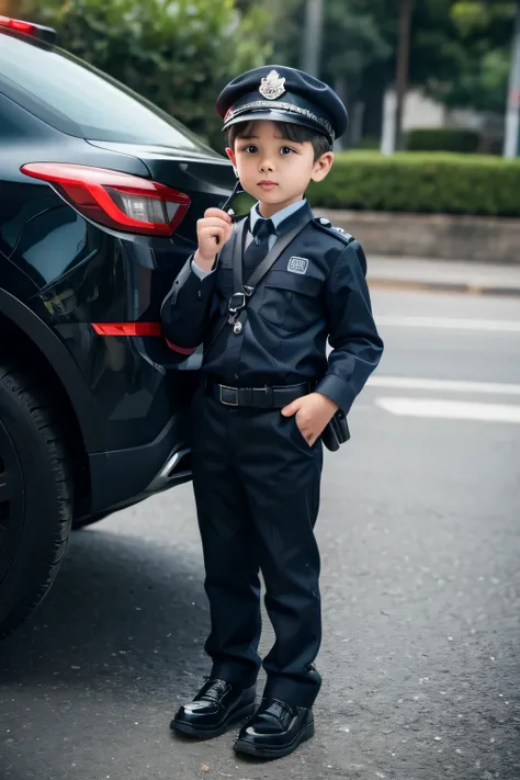 Little boy in police uniform holding walkie talkie