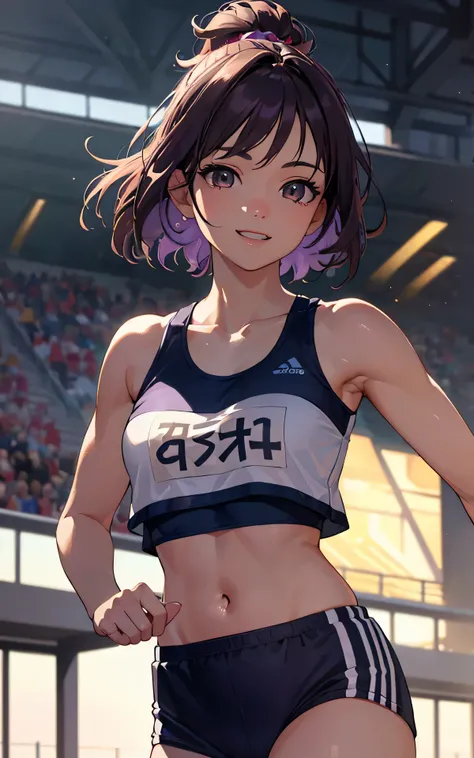 Unity 8K Wallpaper, Masterpiece, Best Quality, Ultra Detailed, Extremely Detailed CG, Ultra High Resolution, Caustics, Detailed, Beautiful Detailed Eyes, solo, (close up face, portrait:1.3, athletics stadium, brighten the subject, running trunks), smile, b...