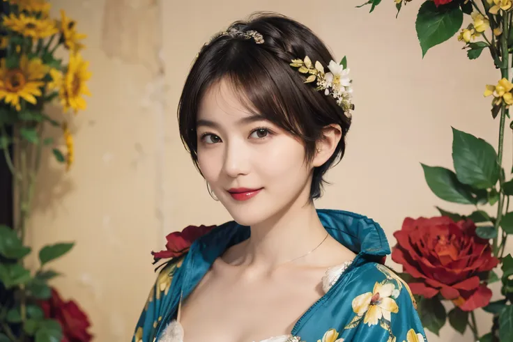 148
(20 year old woman,Floral costume), (surreal), (High resolution), ((beautiful hairstyle 46)), ((short hair:1.46)), (gentle smile), (breasted:1.1), (lipstick)
