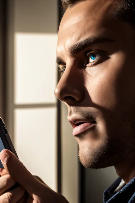 man with cell phone in hand looking to the side in surprise, with his mouth hugely open with desire when looking, highlighted eyes, dark 4k detailed shadows