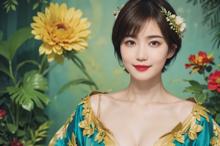 148
(20 year old woman,Floral costume), (surreal), (High resolution), ((beautiful hairstyle 46)), ((short hair:1.46)), (gentle smile), (breasted:1.1), (lipstick)
