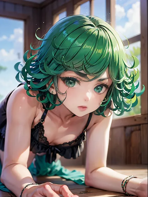 (tatsumaki: 1.7) tatsumaki, Beautiful fece, ​masterpiece, ighly detailed, top-quality, The best lighting, best shade, face perfect, bright green eyes, short green hair, Tight dark green pajamas, nabel, hairarmpits, Lying in a hammock watching the audience,...