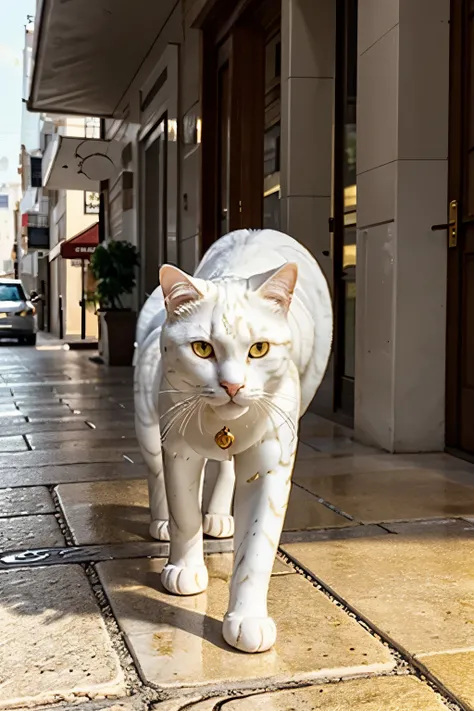 cat, made of polished white marble, golden details on the body, ruby ​​eyes, the cat walks along streets of gold