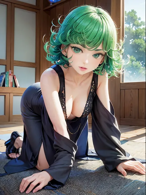 (tatsumaki: 1.7) tatsumaki, Beautiful fece, ​masterpiece, ighly detailed, top-quality, The best lighting, best shade, face perfect, bright green eyes, short green hair, Tight dark green pajamas, nabel, hairarmpits, Lying in a hammock watching the audience,...