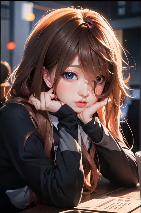 Anime girl with long hair sitting at table with a cup of coffee, (Anime girl), Cute anime girl, extremely cute anime girl face, portrait anime girl, a beautiful anime portrait, Cute anime girl portrait, Anime girl with long hair, anime moe art style, night...