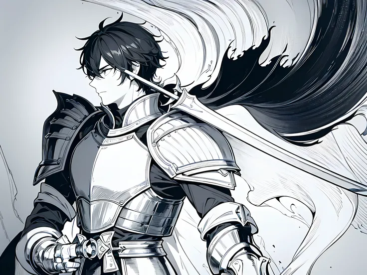 1 man, wearing knight outfit with sword in his left, black hair, short hair, lazy face, face to detail, detailed eyes, the background is just white, monochome (clear line, lineart), full-body illustration