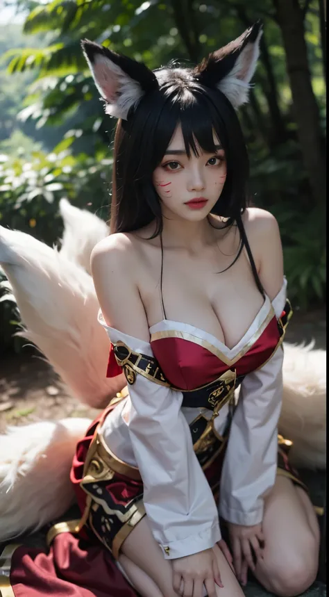 1 Girl, Fox, Fox (League of Legends), K/DA (League of Legends), Animal Ears, Face Markers, Fox Ears, Fox Tail, Orange Eyes, Multiple Tails, full body, nature backgound, red and white dress, shot from front, looking at viewer