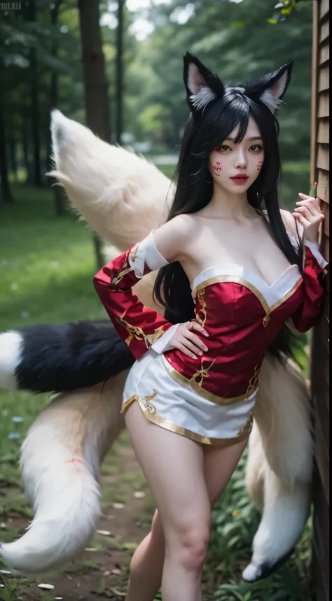 1 Girl, Fox, Fox (League of Legends), K/DA (League of Legends), Animal Ears, Face Markers, Fox Ears, Fox Tail, Orange Eyes, Multiple Tails, full body, nature backgound, red and white dress, shot from front, looking at viewer