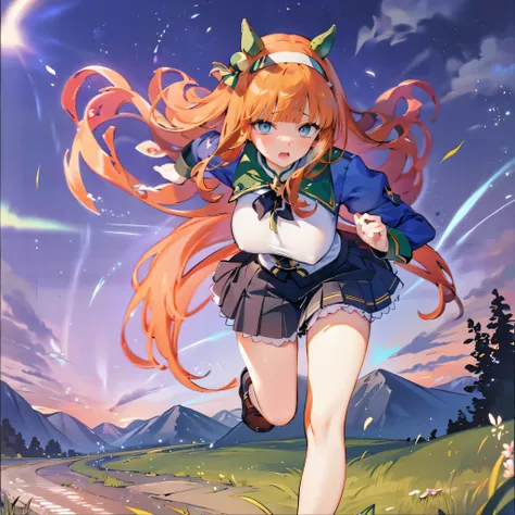 solo 1 girl (running at grass field), landscape, (too short miniskirt:1.2), (huge perky breasts:1.3), bouncing breasts, short torso, inconceivably thin waist, skirt lifted by wind, (thin long legs), nose blush, open mouth, (nsfw), heavy breathing, orgasm