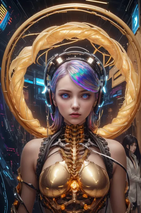 (2girls:1.5), (human face:1.2), Highly Detailed Beautiful girl, (extremely detailed beautiful face), Amazing face and eyes, (Highest Quality: 1.4), (Super Detailed), (Very Delicate and Beautiful), golden body, Biomechanical Cyborg, Beautiful Natural Shapes...