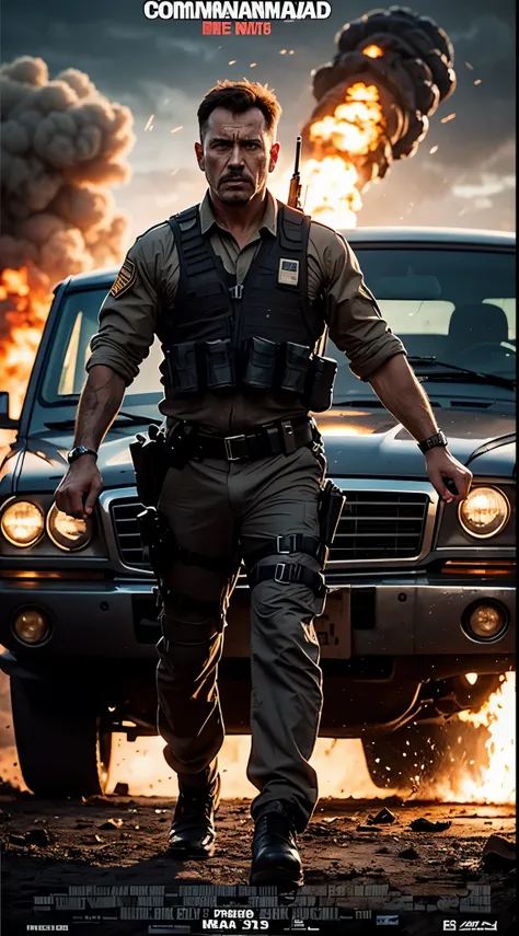 Commando movie poster, a brave man, medium dark short hair, with M16 riffle, black clothes, rivets, explosions, cars, airplanes, just one body