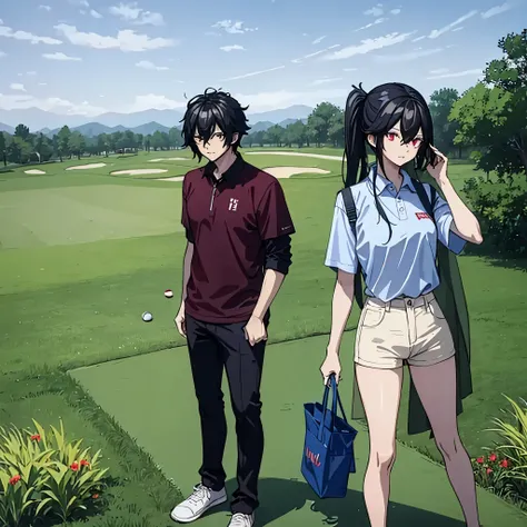 a man together with a woman (eye red) in casual clothes playing golf on a golf course
