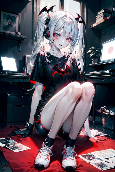 ((masterpiece, best quality, extremely detailed CG, unity 8k wallpaper,anatomically correct,ultra resolution)),Award-winning photography,(best illumination,Very Delicate and Beautiful),(one girl,solo,:1.5),(Vampire:1.45),silver hair,(twintails:1.2),glowing...