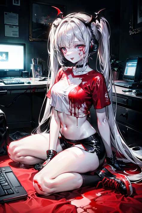 ((masterpiece, best quality, extremely detailed CG, unity 8k wallpaper,anatomically correct,ultra resolution)),Award-winning photography,(best illumination,Very Delicate and Beautiful),(one girl,solo,:1.5),(Vampire:1.45),silver hair,(twintails:1.2),glowing...