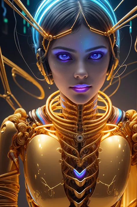 (1girl), (human face:1.2), Highly Detailed Beautiful girl, (extremely detailed beautiful face), Amazing face and eyes, (Highest Quality: 1.4), (Super Detailed), (Very Delicate and Beautiful), golden body, Biomechanical Cyborg, Beautiful Natural Shapes, Art...