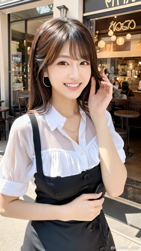 highest resolution, 4K, masterpiece: 1.3), japanese mature, sexy: 1.1, fine eyes, slender body shape, realistic teeth, double eyelid, whole body, highest quality, be familiar with, At the cafe, Feminine fashion