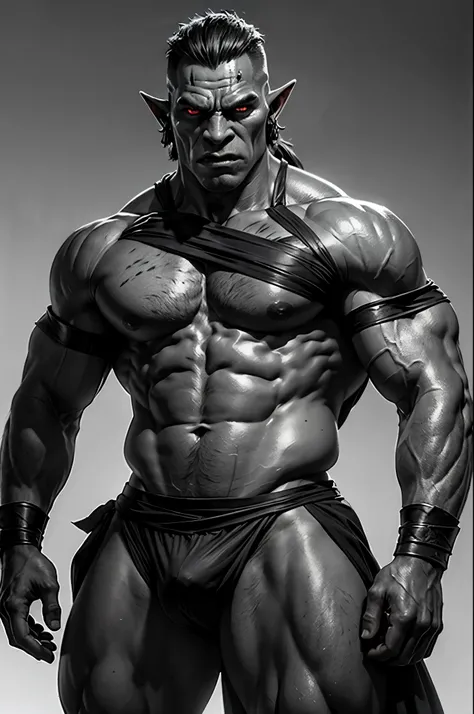 dark grayscale skin, fantasy, orc, medium black slicked back hair, warrior clothing, orc has gray colored skin, no color in skin, strong