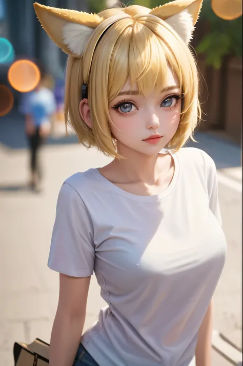 masterpiece,best quality,1girl,t-shirt,blonde short hair,animal ears,close up,bokeh,looking at viewer