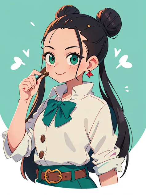 one girl、((two bun hair)), let down the back of the hair、British Schools、masterpiece, highest quality, Long hair in two buns, ((slicked back hairstyle))、Forehead is exposed.、black hair、green eyes、single blade, earrings, one piece、 belt, Little, looking at ...