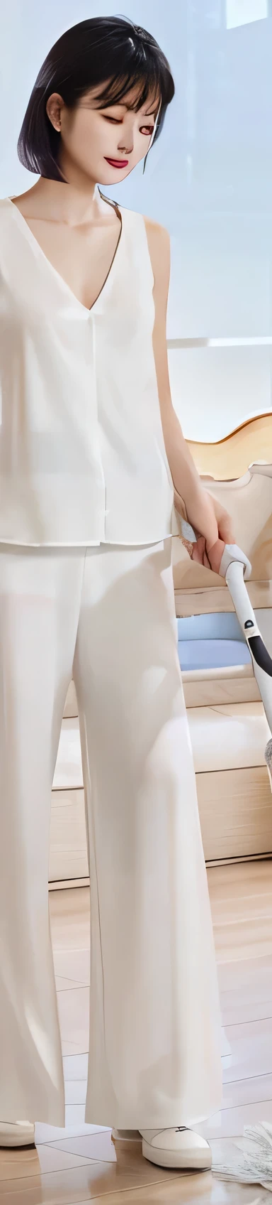 Asian woman with short hair holding mop in hand while cleaning，White silk clothes，smooth white, Smoothing technology, Amazing high technology, Limbs on the floor, Clear and smooth lines, detailed