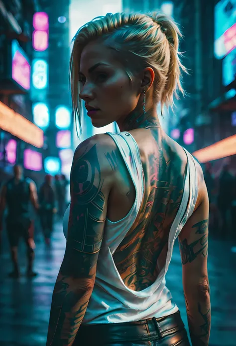 Masterpiece, best quality, (highly detailed raw photo:1. 2), 8k render in octane, volumetric lighting, volumetric shadows  a woman with tattoos on her body, white shirt, blond hair, backview, (toned body:1.2), (toned abs:1.2)
((cyberpunk city with people i...