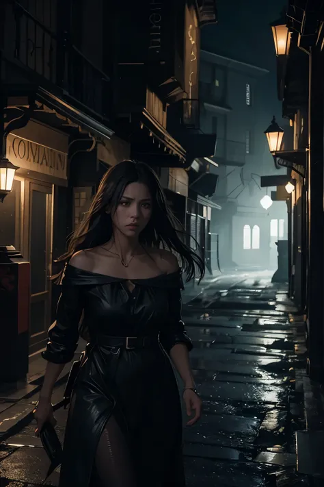 [A close-up shot of a womans worried expression as she walks alone in a dimly lit deserted alley. Her eyes dart back and forth, fear evident on her face, with every movement subtly rendered in unreal engine, creating a hyper-realistic sensation. The atmosp...