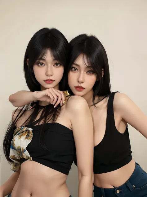 Dos mujeres con blusas y pantalones negros posando para una foto., posando juntos en sujetador, beautiful gemini mellizos, beautiful gemini mellizos portrait, ella tiene el pelo negro con flequillo, foto de perfil, Ayami Kojima y Lyde Caldwell, inspirado e...