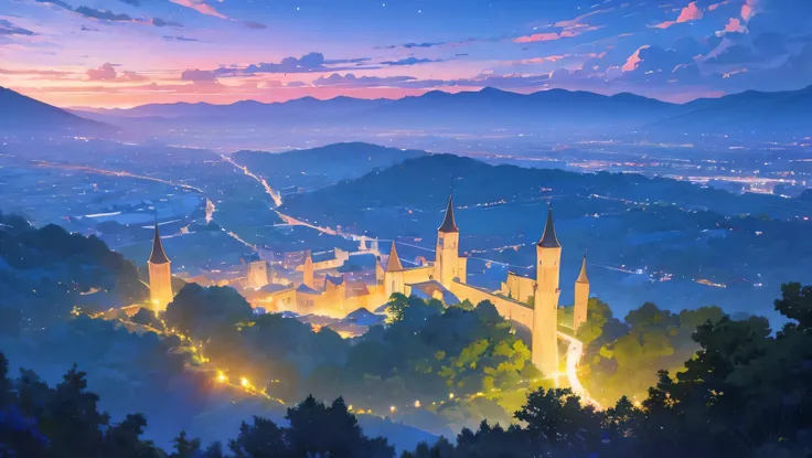 beautiful castle romantic and sunset sky in the night with clouds and stars, its a valley with a castle, a lake with flowers and roses