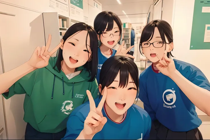 japan high school classroom、４female students standing and playing peace￥,the picture is