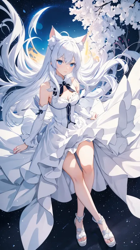 anime girl with white hair and blue eyes in a white dress, nekomimi anime girl, best anime 4k konachan wallpaper, white haired d...