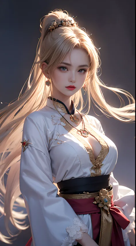 1 Beauty in Hanfu, The white thin purple silk shirt is very textured, white lace top, Purple platinum long ponytail, hair accessories, earring, necklace and necklace, meticulously drawn large purple eyes, Be careful with makeup, Thin eyebrows, high nose, B...