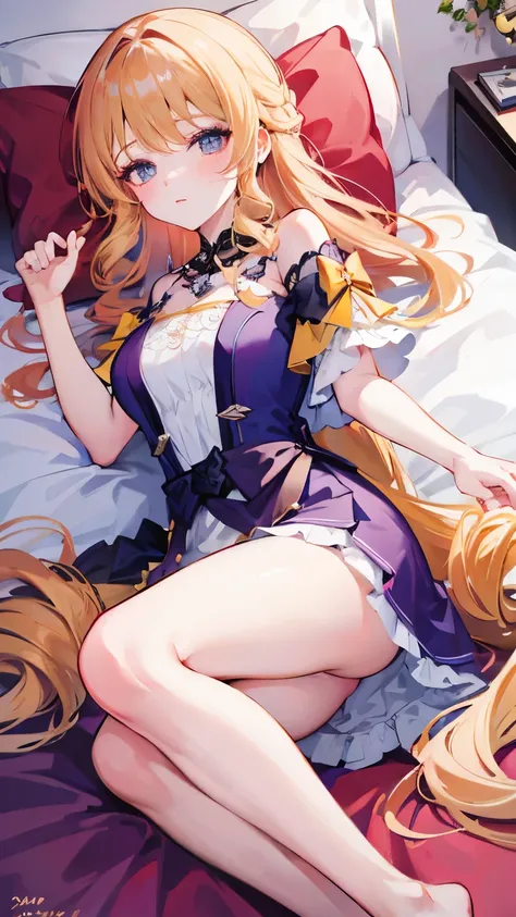 The woman lies on the bed，Sleeping soundly，have a lot of hair，long golden curly hair，Good looking hairstyle，sleep in bed，natural lightning，primary color，Wear a short night skirt，8k，illustration，masterpiece，high quality，8k，high resolution，High detail、Hot pu...