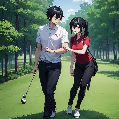 a man together with a woman (eye red) in casual clothes playing golf on a golf course
