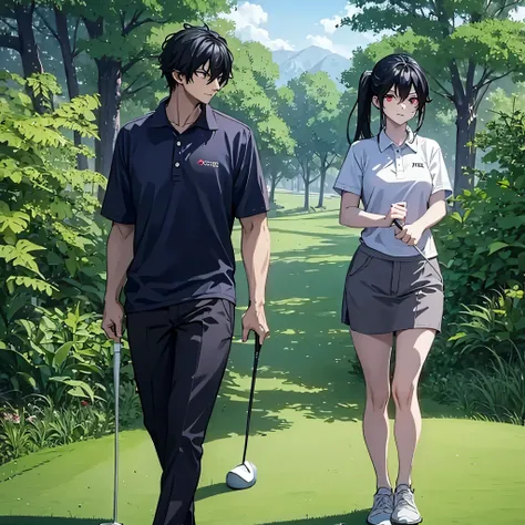 a man together with a woman (eye red) in casual clothes playing golf on a golf course
