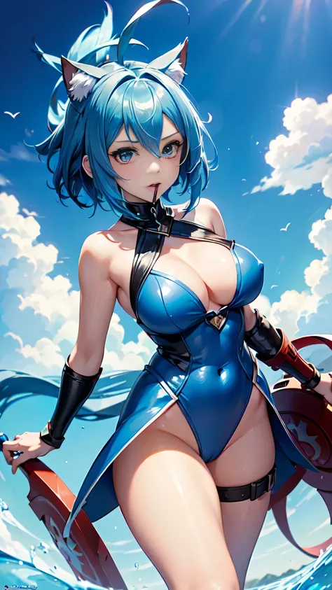 intrincate details: "(a video game character in an anime style has big blue eyes and blue hair, 1girl, blue hair, breasts, beak of pocky animal ears, looking at viewer, blue eyes, short hair, armor)"