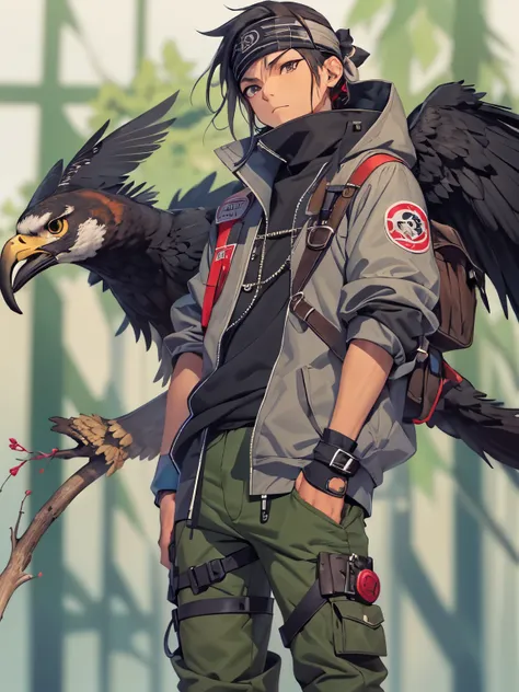 1boy with a falcon,14 year old ninja, cinematic, falcon perched on arm, wearing a diagonal zip jacket(black), brown eyes, ninja headband (hidden leaf symbol), green pants, sandals, black spiky pony tail, (Masashi Kishimoto style), (best quality), matte fin...