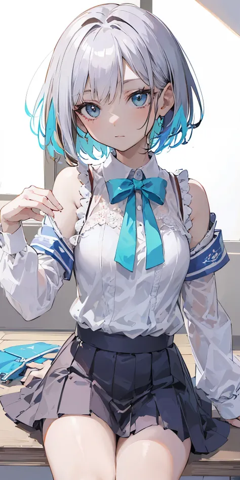 "Create a glossy anime-style illustration of a cute girl with silver hair that has hints of light blue at the nape. Her hair is in a playful short cut, and her eyes are a stunning aqua blue. She should be dressed in a  featuring a skirt and knee-high socks...