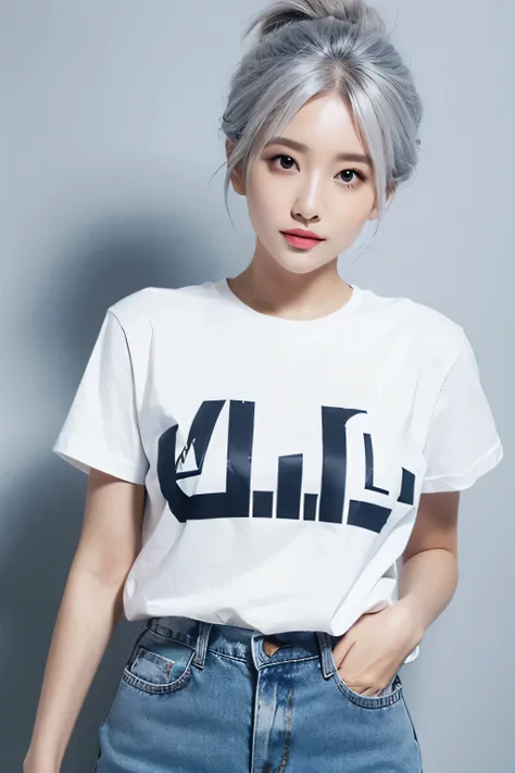 a woman with grey hair wearing a white t - shirt and jeans, a picture, by kun can, very beautiful girl, summer color pattern, ni...