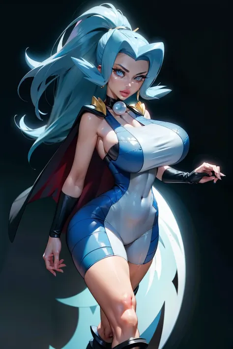 (aletta ocean face), Generate an illustration of a mature Clair, gym leader of pokemon,  ponytail, holding a poke all,  de terno preto, long hair, hair flows straight down, darkblue hair, (gigantic breasts:1.2), blue outfit in anime format with a serious s...