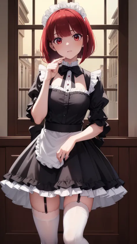 Arima maybe, Arima maybe, bob cut, (red eyes:1.5), redhead, short hair, , Maid clothes,ruffle skirt，Gothic Lolita，hair in the wind，garter belt、thighs，knee high socks，sexy，
break looking at viewer,
break indoors, mansion,
break (masterpiece:1.2), highest qu...